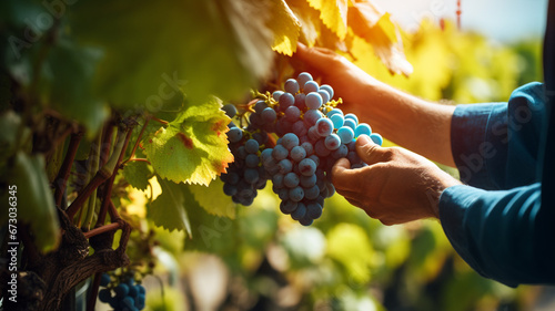 worker hand picking grape in the garden.