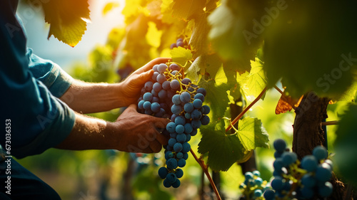worker hand picking grape in the garden. photo