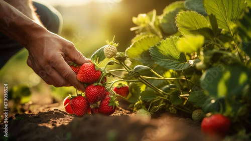 worker hand picking strawberry from the strawberry plant in the garden.