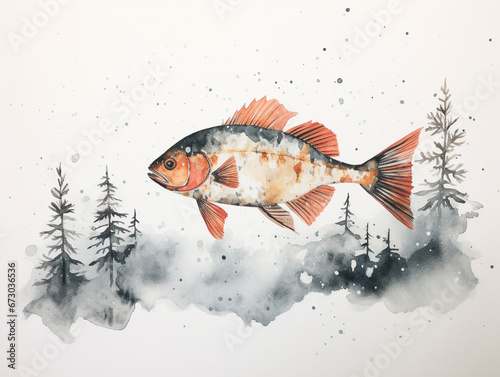 A Minimal Watercolor of a Fish in a Winter Setting