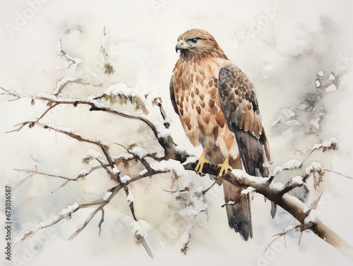 Wallpaper Mural A Minimal Watercolor of a Hawk in a Winter Setting Torontodigital.ca