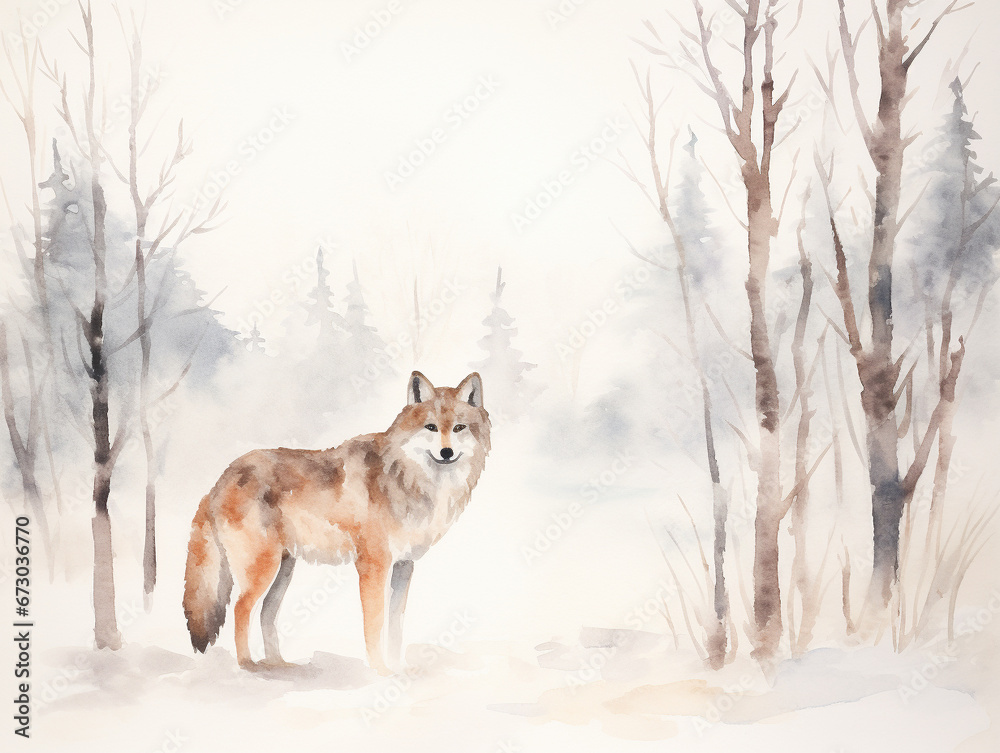 Naklejka premium A Minimal Watercolor of a Wolf in a Winter Setting