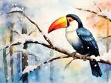 A Minimal Watercolor of a Toucan in a Winter Setting