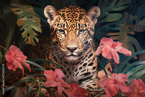 Oil Painting Portrait of a Leopard Amidst Roses and Palm Leaves