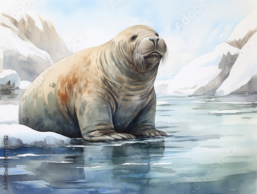 A Minimal Watercolor of a Walrus in a Winter Setting