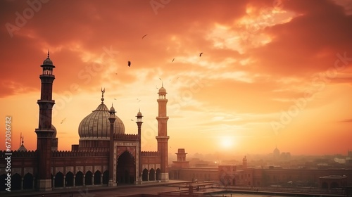 Pakistan's Badshahi Mosque: A Serene Evening against a Palette of Warm Clouds photo