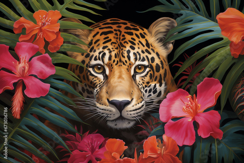 Oil Painting Portrait of a Leopard Amidst Roses and Palm Leaves