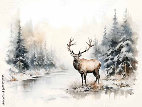 A Minimal Watercolor of an Elk in a Winter Setting