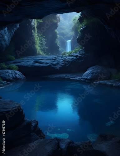 underground blue water pond mysterious waterfall 