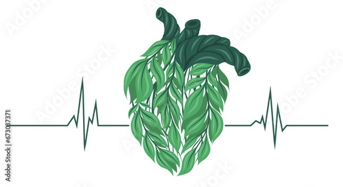 Vector clipart of a healthy human heart made of leaves with cardiogram. Eco friendly lifestyle with pulse. Safe heart transplant.