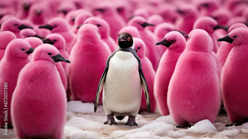 pink penguins on the beach with one white penguin, diferent, diversity concept