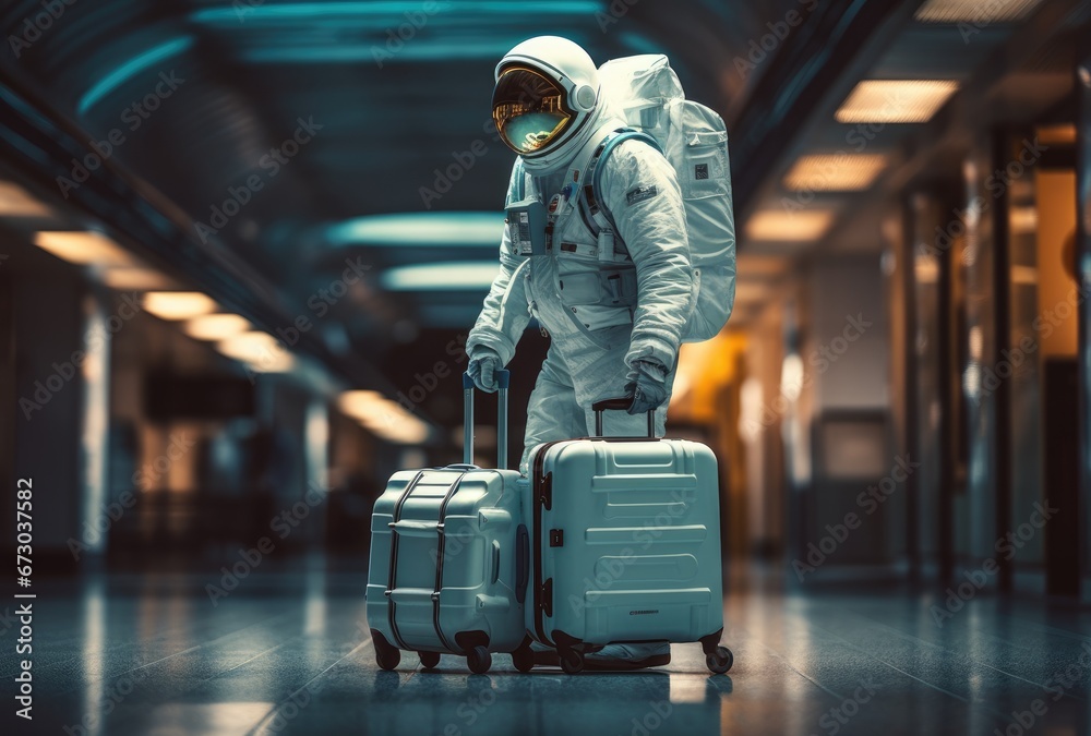 Astronaut in spacesuit with suitcase - obrazy, fototapety, plakaty 