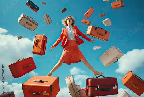 young woman jumping with suitcase photo