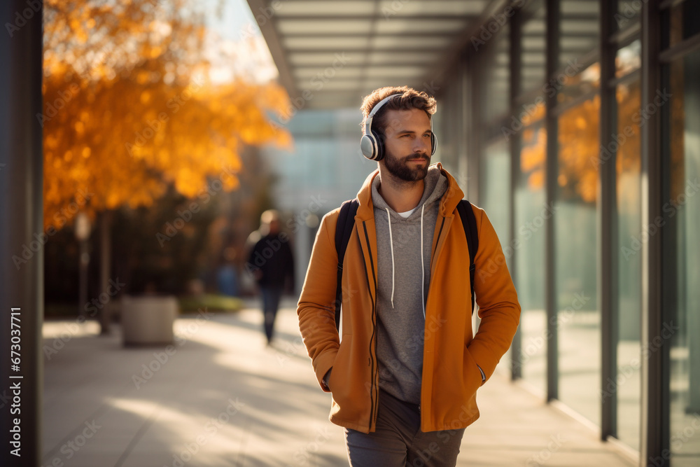 Lifestyle, hobbies and leisure, technology concept. Gorgeous man with headphones walking in park during autumn and listening music. Sunny fall day - obrazy, fototapety, plakaty 