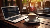A cup of cappuccino and a laptop arranged on a coffee shop table, creating a cozy workplace in a morning coffee shop setting. This represents a tranquil coffee break moment