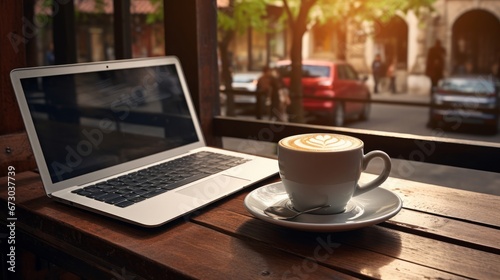 A cup of cappuccino and a laptop arranged on a coffee shop table, creating a cozy workplace in a morning coffee shop setting. This represents a tranquil coffee break moment
