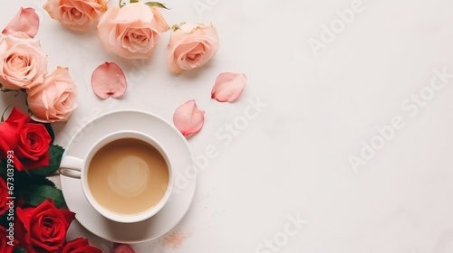 A morning cup of coffee accompanied by beautiful roses on a light background, captured from a top view perspective. This composition represents a cozy breakfast and is presented in a flat lay style