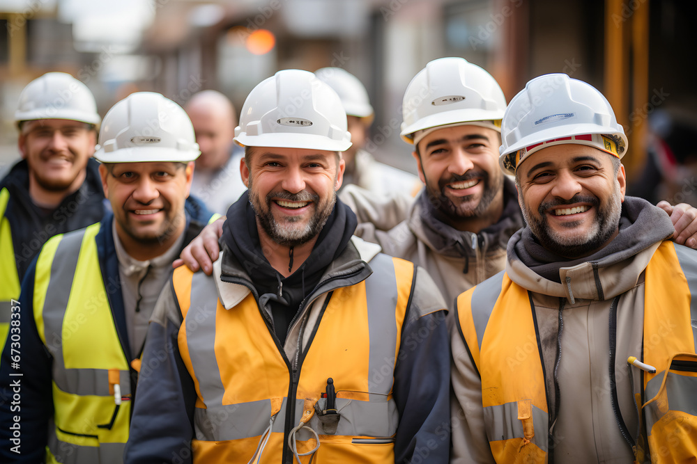 A diverse team of specialists wearing white helmets is happily collaborating inclusively while taking walks on a construction site, A diverse team of specialists wearing white helmets is happily collaborating inclusively while taking walks on a construction site,
