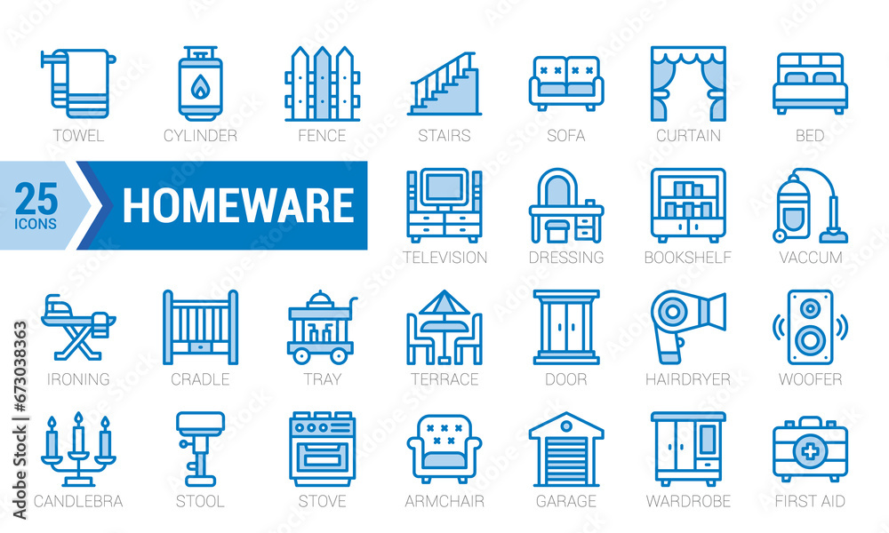 Set Of Homeware. Outline Colour Blue Icons Pack. Vector Illustration.
