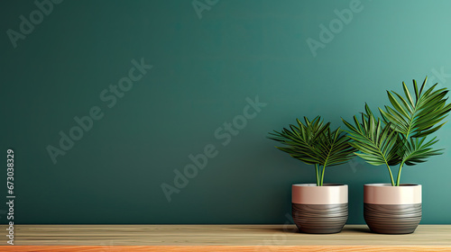 green plant on the woofen table on green wall background, design for product presentation background. mock up,Minimal cozy counter mockup