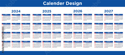 Calendar for year 2024 2025 2026 2027 or new year calendar