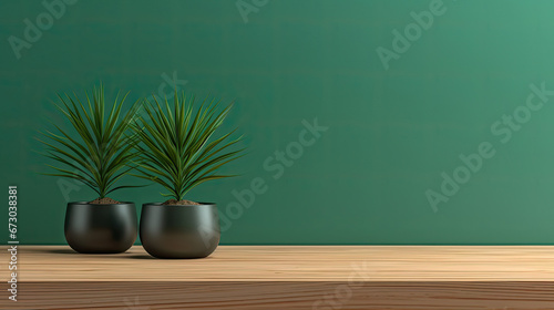 green plant on the woofen table on green wall background,  design for product presentation background. mock up,Minimal cozy counter mockup © Planetz