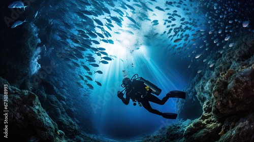scuba driver underwater with fish ,  undersea life wonders around them ,A scuba driver in a special dress exploring the underwater riffs of the blue ocean photo