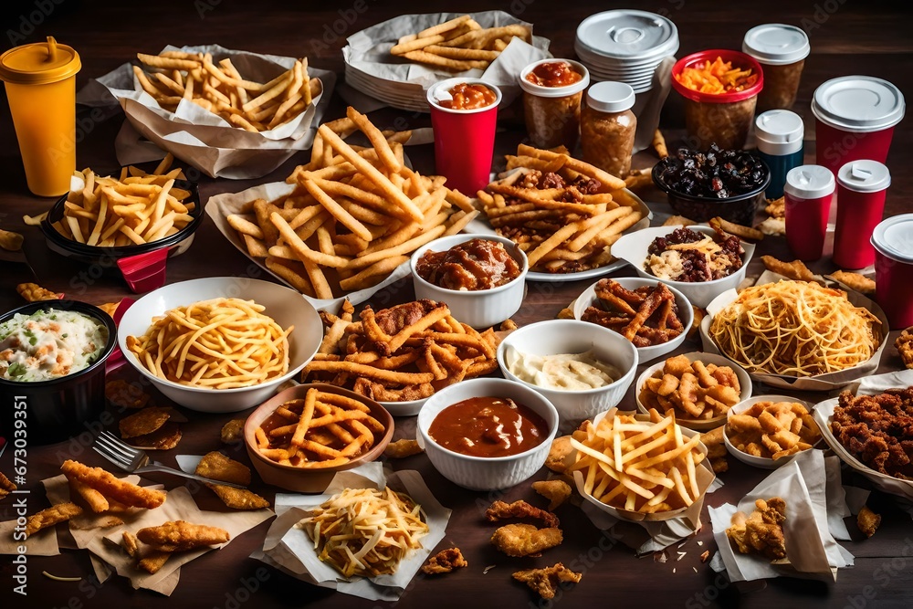 A collage of unhealthy fast food snacks piled high on a messy dining table, crumpled wrappers and empty containers scattered around