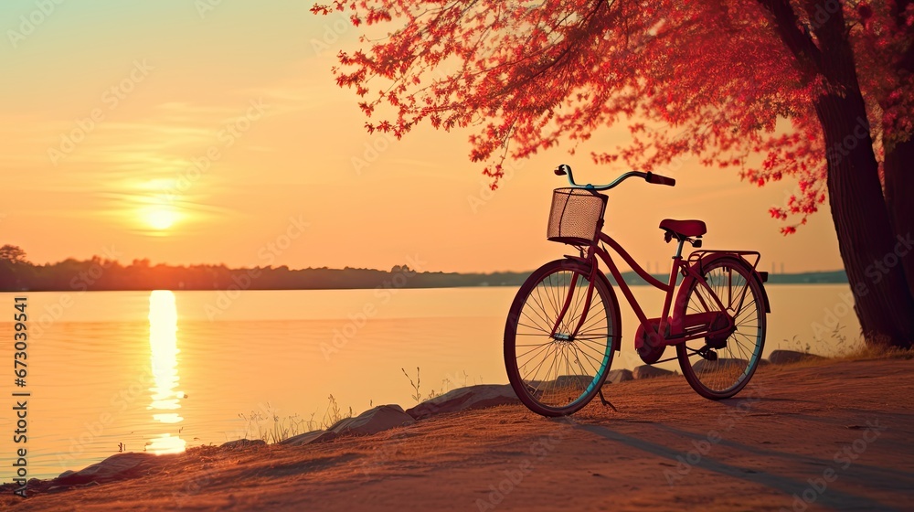 Antique bicycle parked by the river at sunset