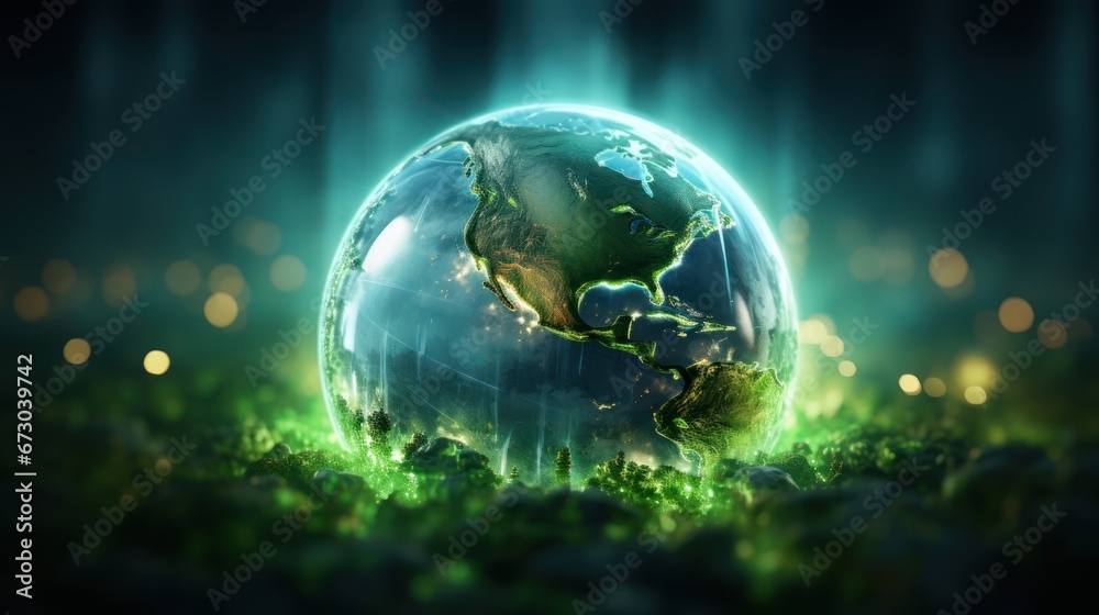Digital earth radiates with a green glow