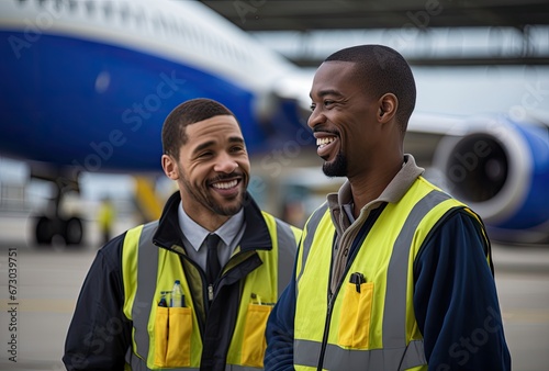 working staff standing in front of the plane.