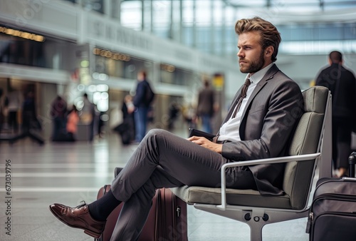 Man in business suit sitting on bench at airport waiting for flight schedule