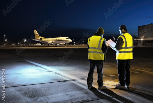 Back view of aviation personnel observing passenger aircraft