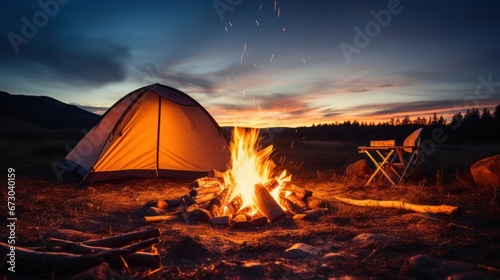 The tent stands ready as the campfire sparks to life