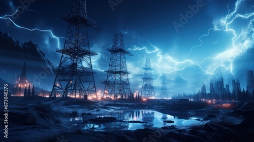 Towers of energy, electric towers stand majestic, distributing power far and wide