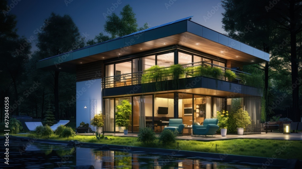 An eco-friendly house radiates light, even in the night