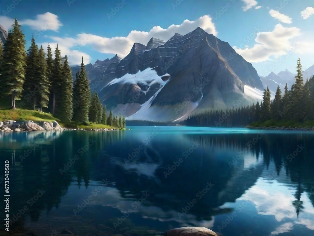 Tranquil forest lake with mountain reflection
