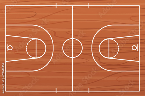 Wooden Basketball court floor with lines top view, gym parquet, Basketball field.