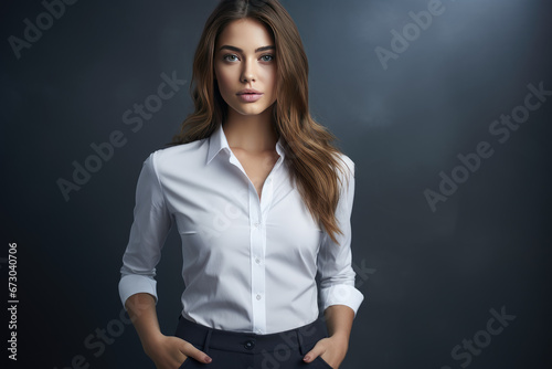 A female model wearing a professional corporate shirt with jeans