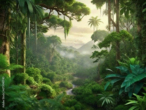 Verdant jungle with fog and trees 