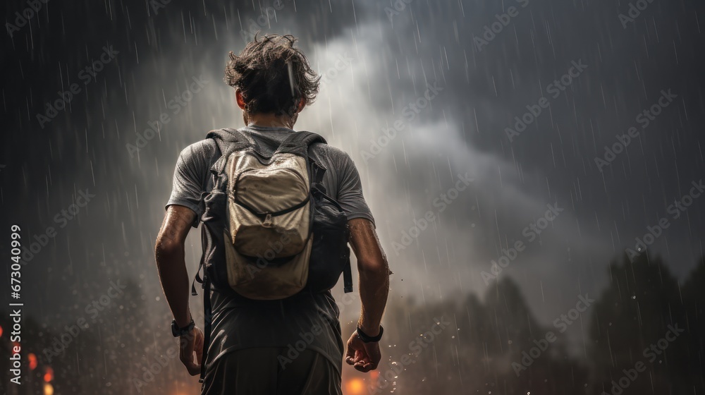 Obraz premium The runner pushes forward, braving the oncoming storm