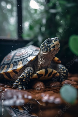 Turtle under the rain. Closeup