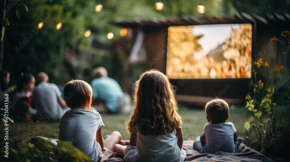 Enjoying outdoor films on a joyful summer night - obrazy, fototapety, plakaty 