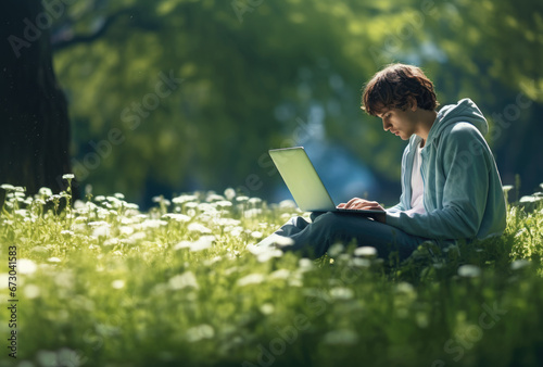 Young man in the park working with his laptop