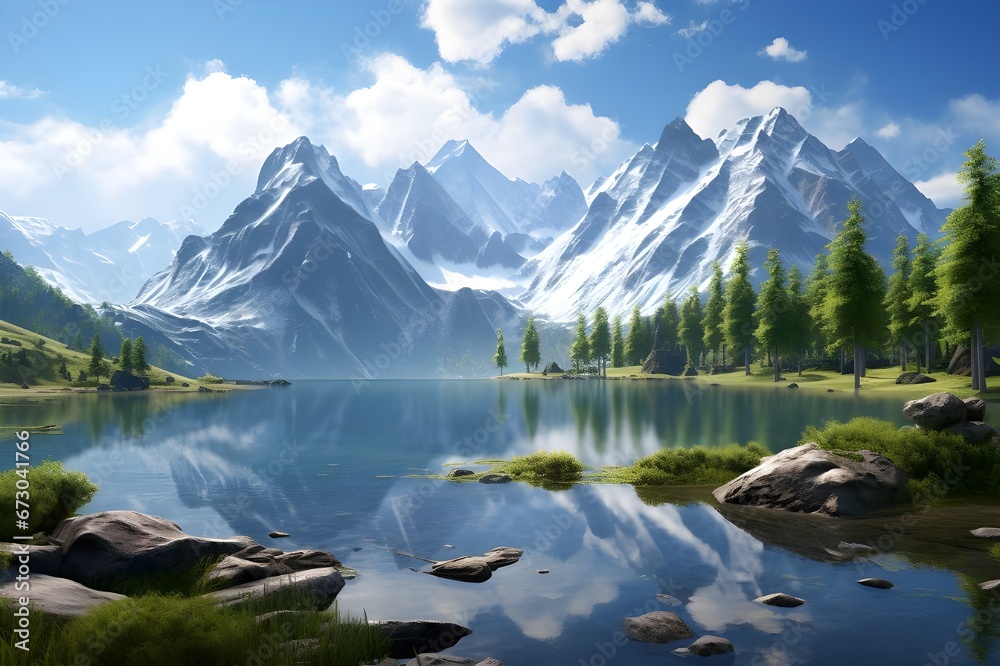 A tranquil morning by a mountain lake.
