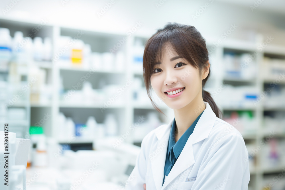 ドラッグストアで働く笑顔の女性薬剤師 ドラッグストアで働く笑顔の女性薬剤師