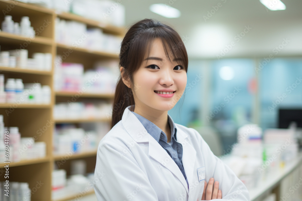 ドラッグストアで働く笑顔の女性薬剤師 ドラッグストアで働く笑顔の女性薬剤師