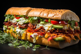 Fresh Sandwiches with ham, cheese, bacon, tomatoes, lettuce, cucumber and onions on light background
