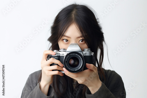 カメラを向ける若い日本人女性