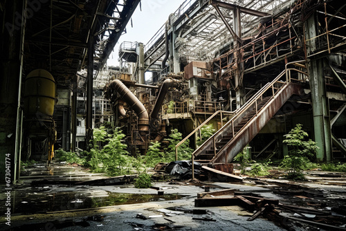 巨大なプラント設備を有する工場の廃墟